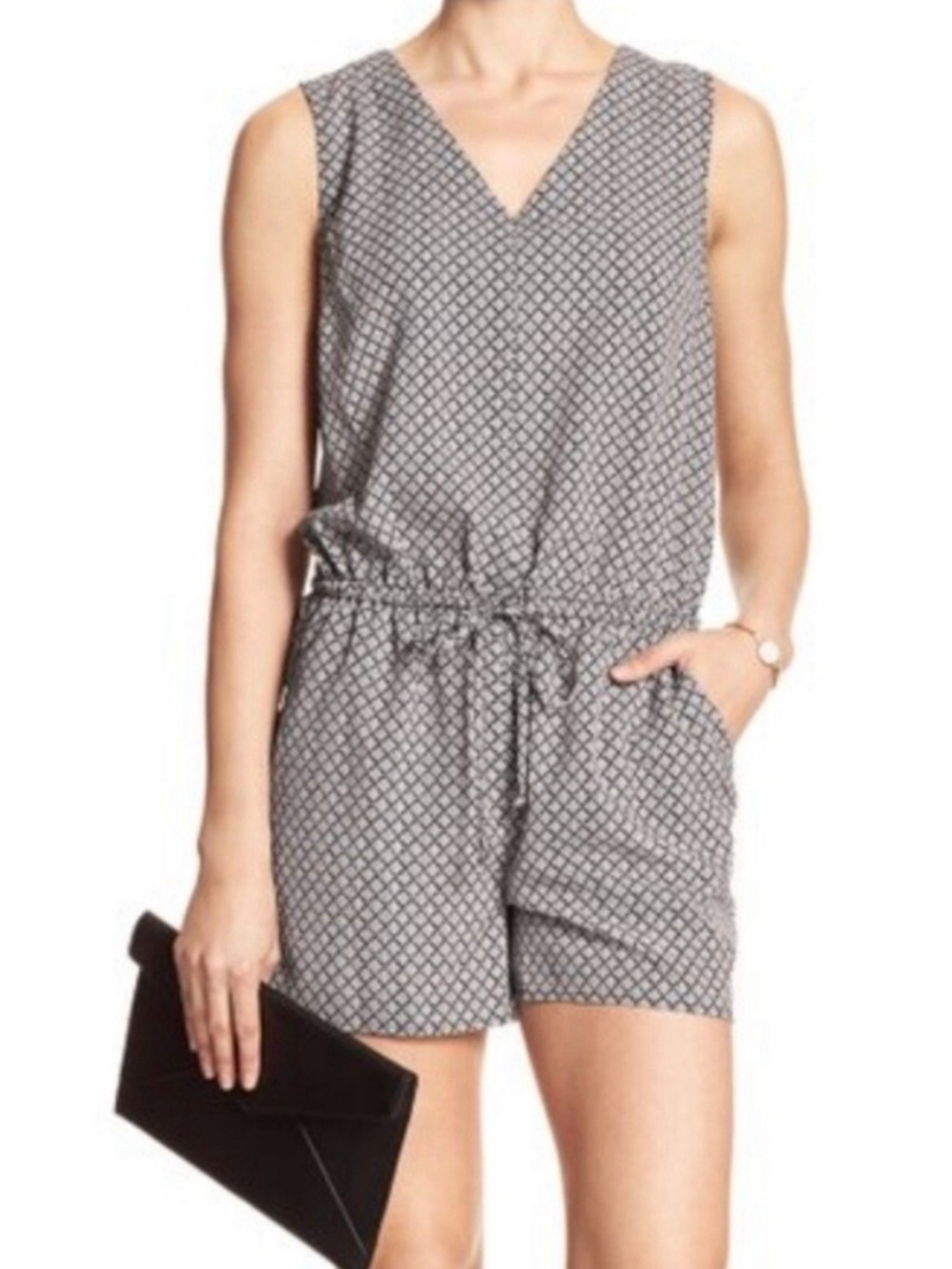 Banana Republic Black & White Geometric Pattern Drawstring Waist Romper
